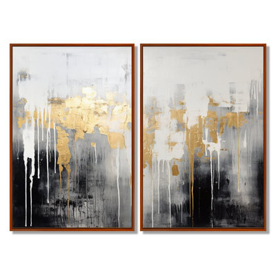 Dripping or blanc gris noir or - abstrait, art abstrait doré 2 panneaux