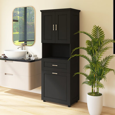 Grande armoire de salle de bain avec panier à linge, grand panier à linge inclinable et armoire de rangement supérieure
