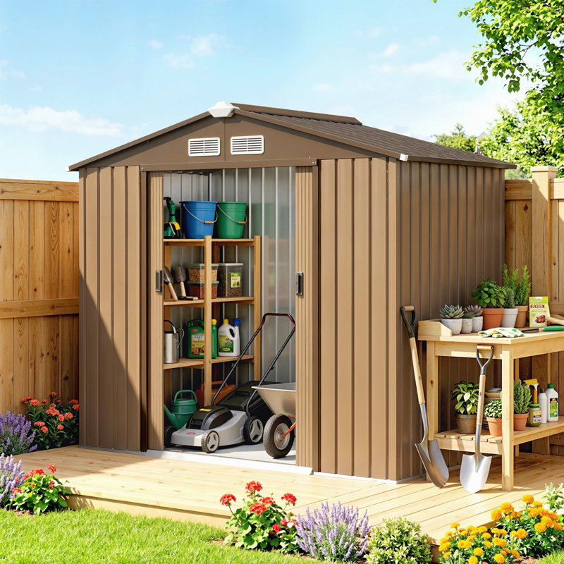 Outsunny 7 x 4ft Metal Garden Shed Waterproof with Vents Apex Roof, Brown