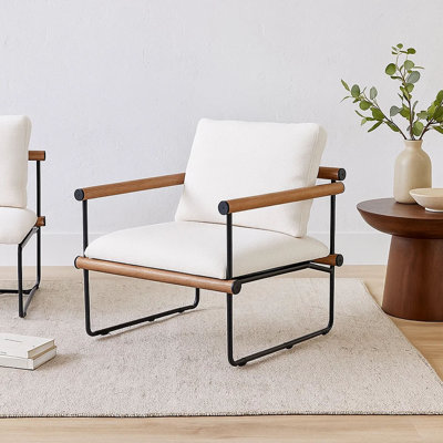 Liam Accent Chair In Cream Fabric W/ Metal Frame & Wood Arm