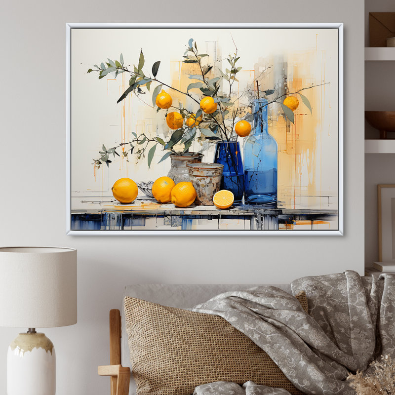 Décoration murale bohème bleue et jaune agrume III - Boho Pottery, H 16 po x l 32 po x P 1 po, Cadre flottant blanc