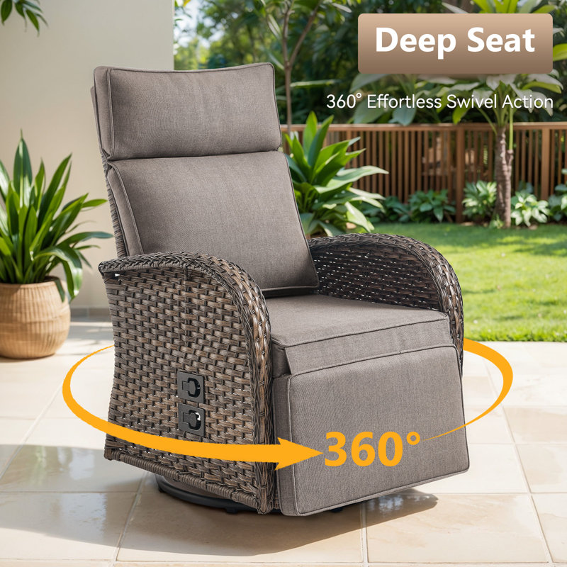 Esquer 59" Outdoor Wicker Poolside Reclining Swivel Single Chaise Lounge With Adjustable Recliner And Cushions, Gray