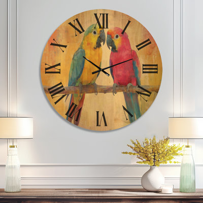 Horloge murale surdimensionnée en bois silencieux oiseaux tropicaux