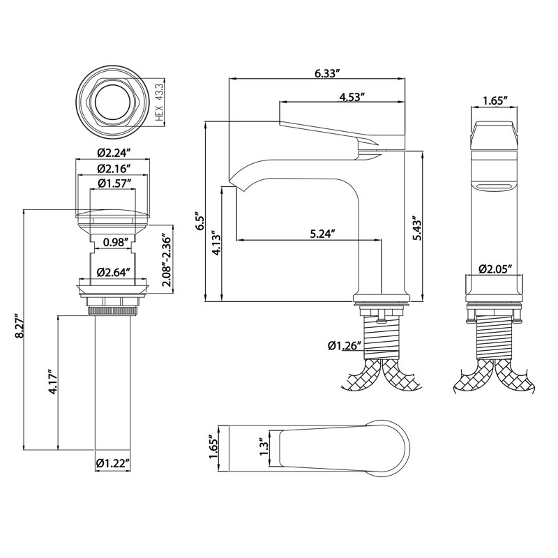 Robinet de lavabo de salle de bain monocorps à poignée simple avec drain