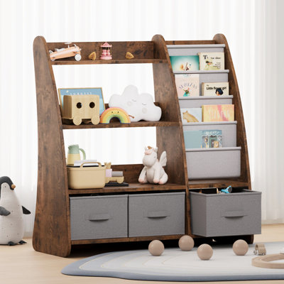 Bibliothèque à 4 niveaux pour enfants, bibliothèque pour tout-petits et rangement pour jouets, bibliothèque en bois pour bébé avec tiroirs, H 36,2 po x l 36 po x P 15 po