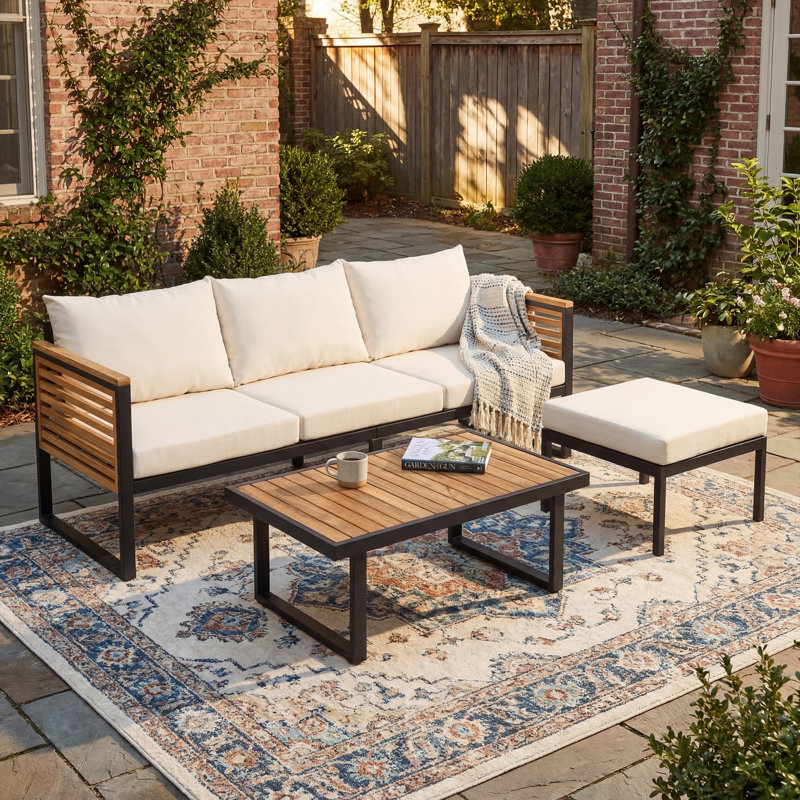 Ensemble de canapé d'extérieur en bois d'acacia et en métal 3 pièces, corde décorative avec coussins résistants aux intempéries