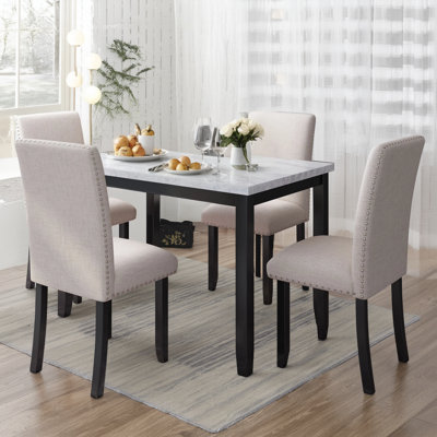 Trexm Faux Marble Dining Table 5-piece Set With 4 Overstuffed Dining Chairs, Home Furnishings, White/beige With Black