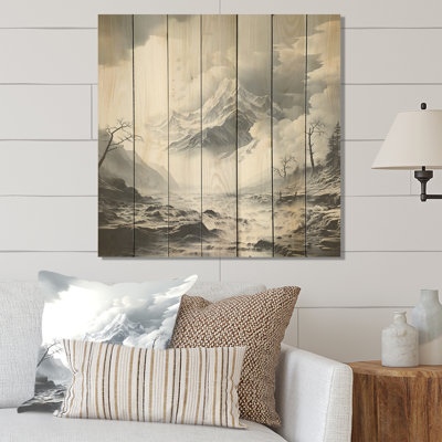 Black And White Mountains Landscape Fog III - Fruits On Wood Print