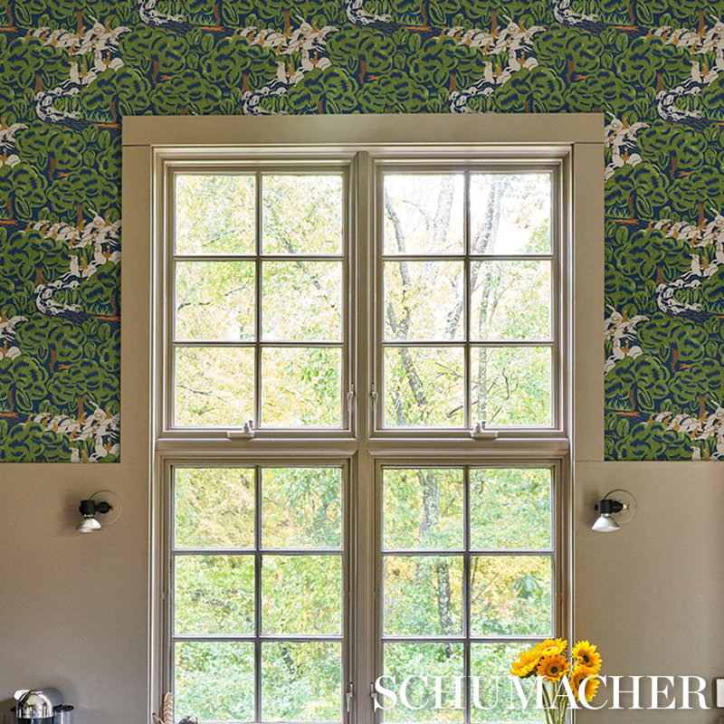 Schumacher X The New Yorker Margaret Schloeman's Fox Chase Wallpaper, Navy/Green