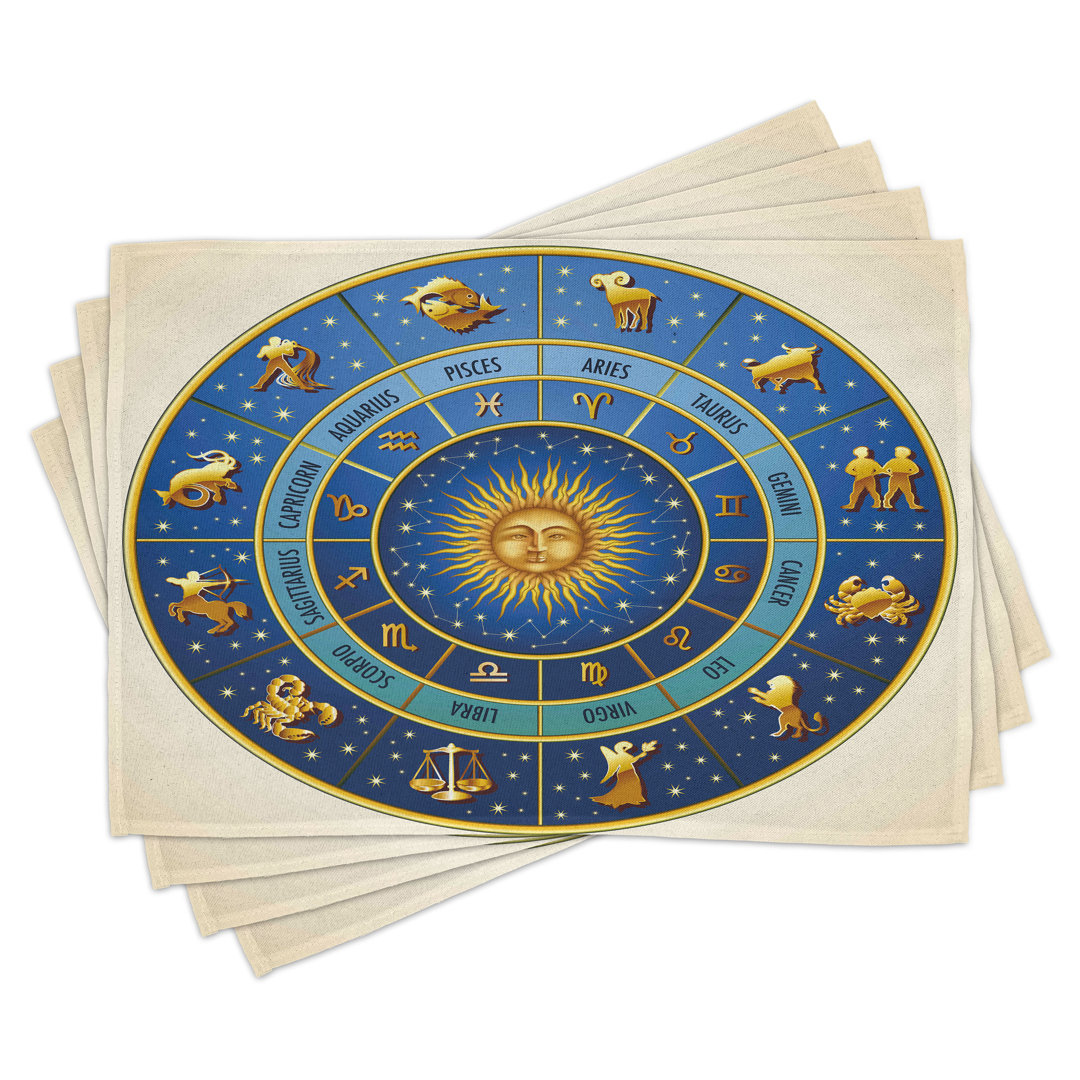 Platzdeckchen 4er Set, Astrologische Zeichen, Blau Gelb und Creme