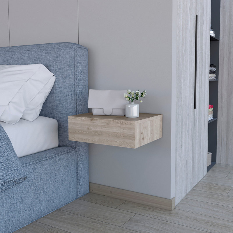 Barcelona Floating Wall-Mounted Nightstand with Drawer Storage, Modern Bedroom Bedside Table with Storage, Light Gray