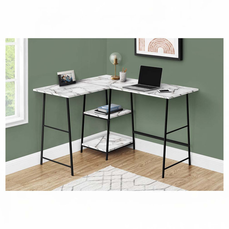 Bureau d'ordinateur en L Home Office, Marbre blanc / noir