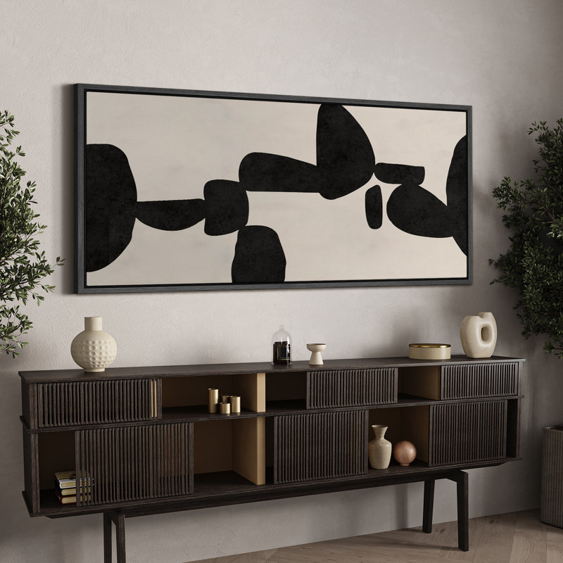 Abstrait abstrait géométrique noir Mid-Century, H 30 po x l 60 po, Noir, noir, noir, noir