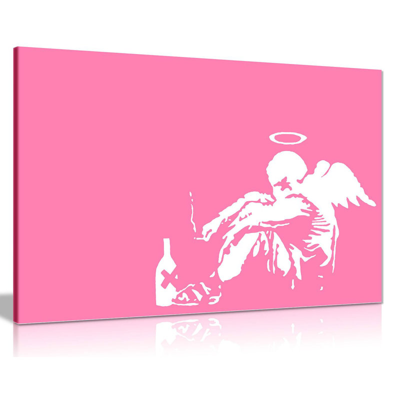 Banksy Fallen Angel Graffiti - Wrapped Canvas Print, 20cm H x 31cm W, Pink