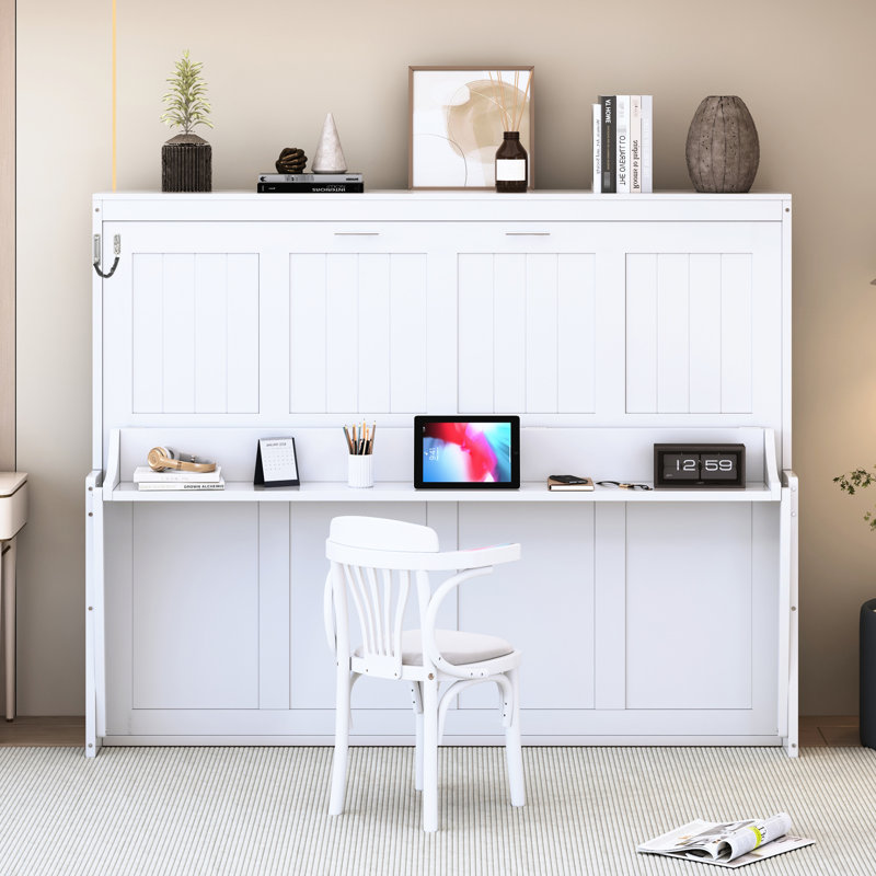 Lit double, couleur blanche, bureau hydraulique pliant, peu encombrant pour les petits espaces de vie, support de 600 lb, lit double / grand avec rangement intégré pour matelas avec mécanisme, cadre, capacité de poids,
