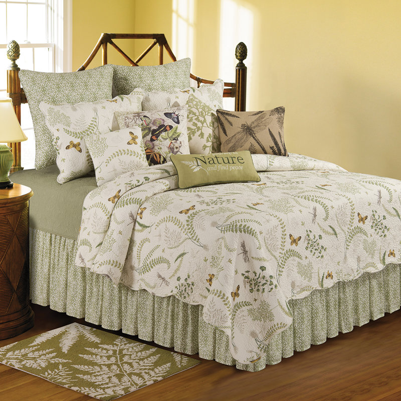 Gray and Green Cotton Reversible Full Quilt with Botanical Print