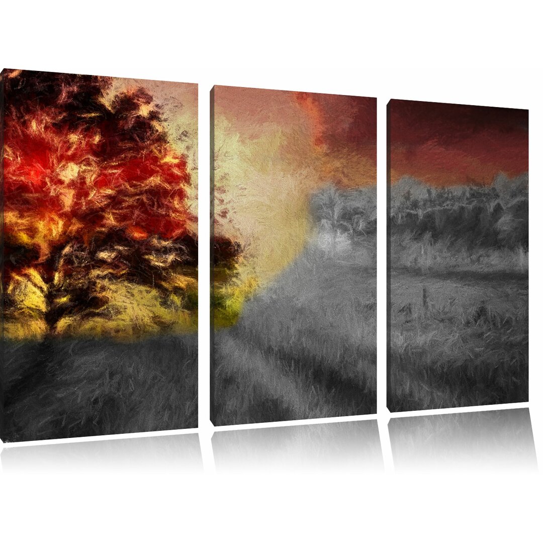 3-tlg. Leinwandbilder-Set „Kunstvoller Herbstbaum“, Grafikdruck