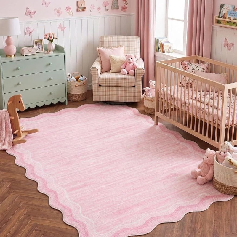 Tapis festonné en polyester 9 x 12 de couleur rose, lavable à la machine avec envers antidérapant pour le salon, tapis intérieur doux à poils courts