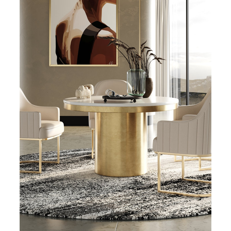 Rocky - Glam White Marble & Brush Gold Round Dining Table