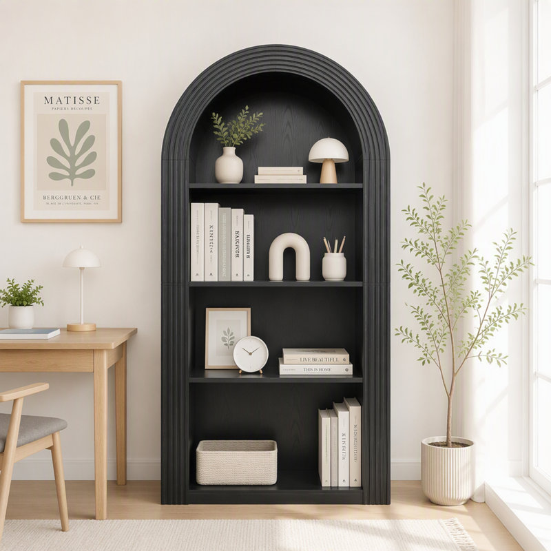 Bibliothèque cintrée de 200 cm de haut, style moderne du milieu du siècle, à 4 niveaux, noire, Black