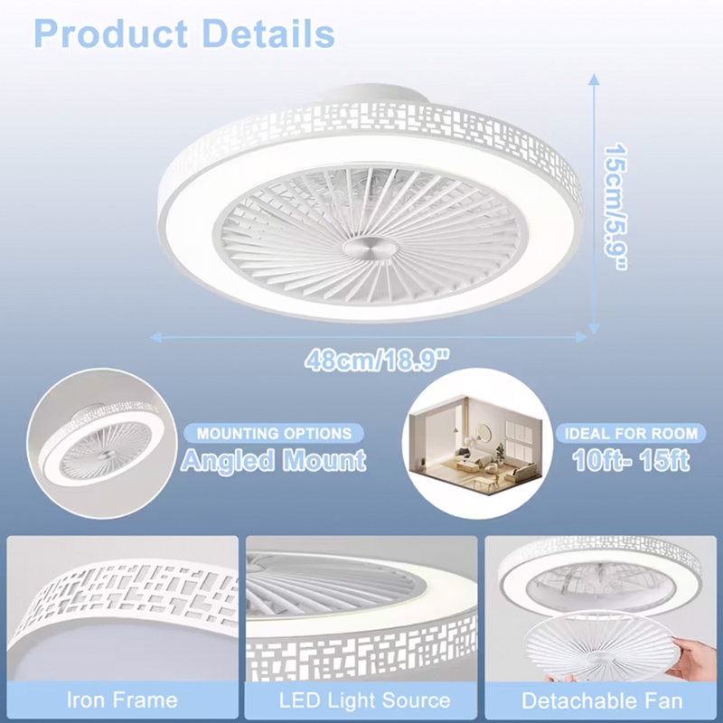 Bedroom Ceiling Fan with Light and Remote Control, Modern Fan Light with 6 Speeds and Dimmable, White