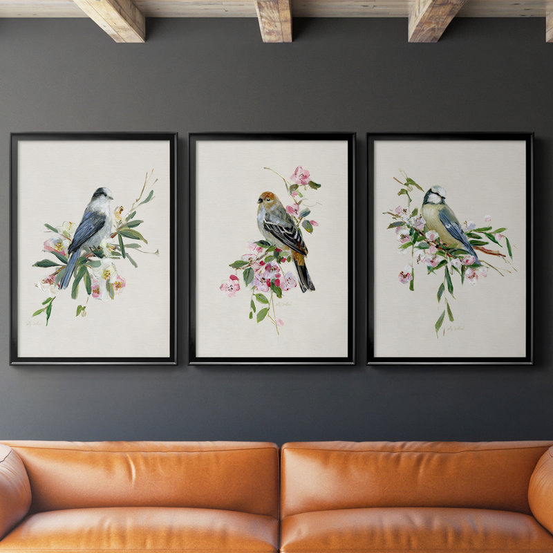 «Spring Song Blue Bird», ensemble de 3 peintures sur toile encadrées, H 26,5 po x l 109,5 po x P 1,5 po, Toile encadrée noire