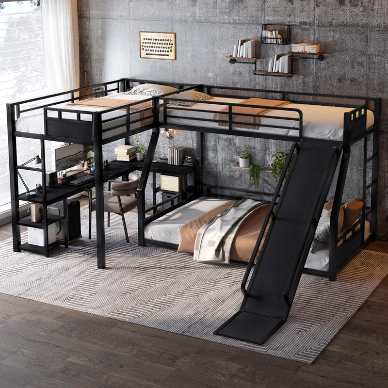 Lit superposé en forme de L avec lit mezzanine simple, bureau et tablettes de rangement, conception compacte et silencieuse, noir