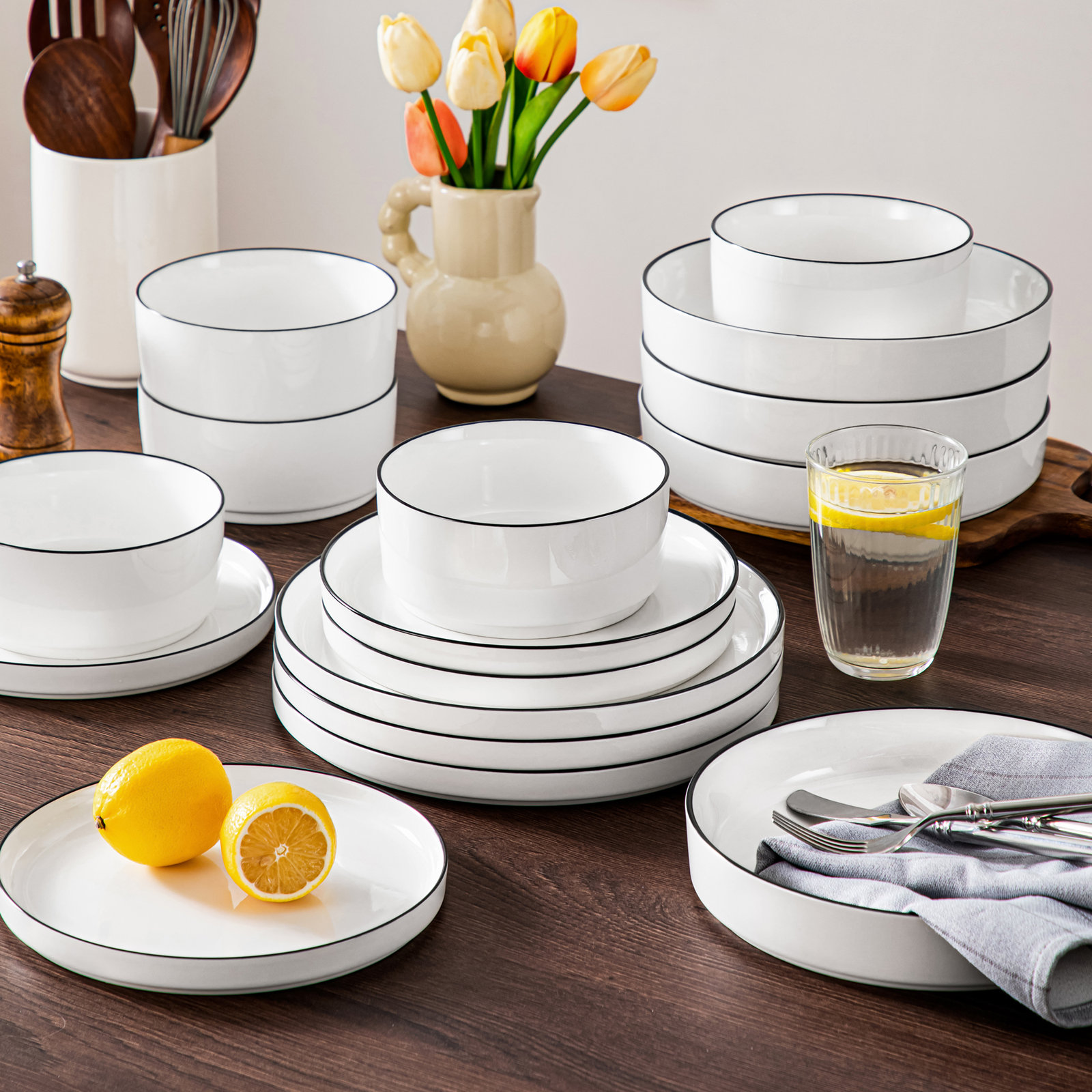 Ceramic Dinnerware Set, Ivory White/Black