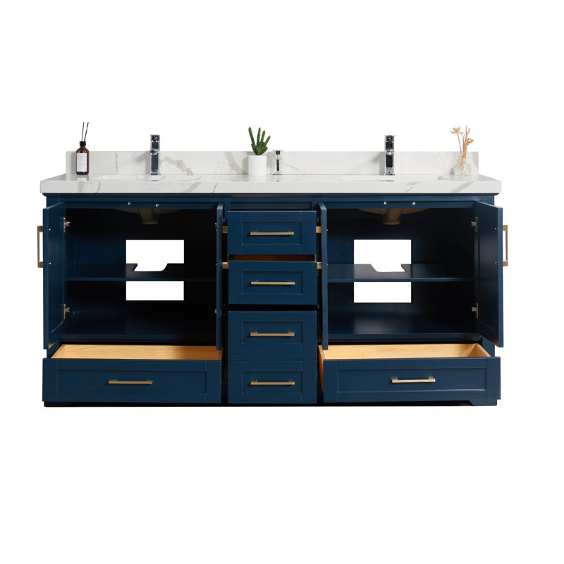 Ensemble de meuble-lavabo double l 72 po x P 22 po x H 36 po Eser, Calacatta, bordure droite, Bleu marine