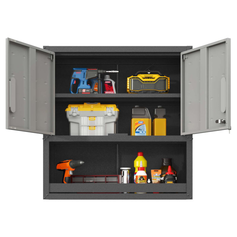 Armoire de rangement murale en métal avec porte verrouillable et 1 tablette 1 tiroir ouvert pour garage, entrepôt, assemblage requis