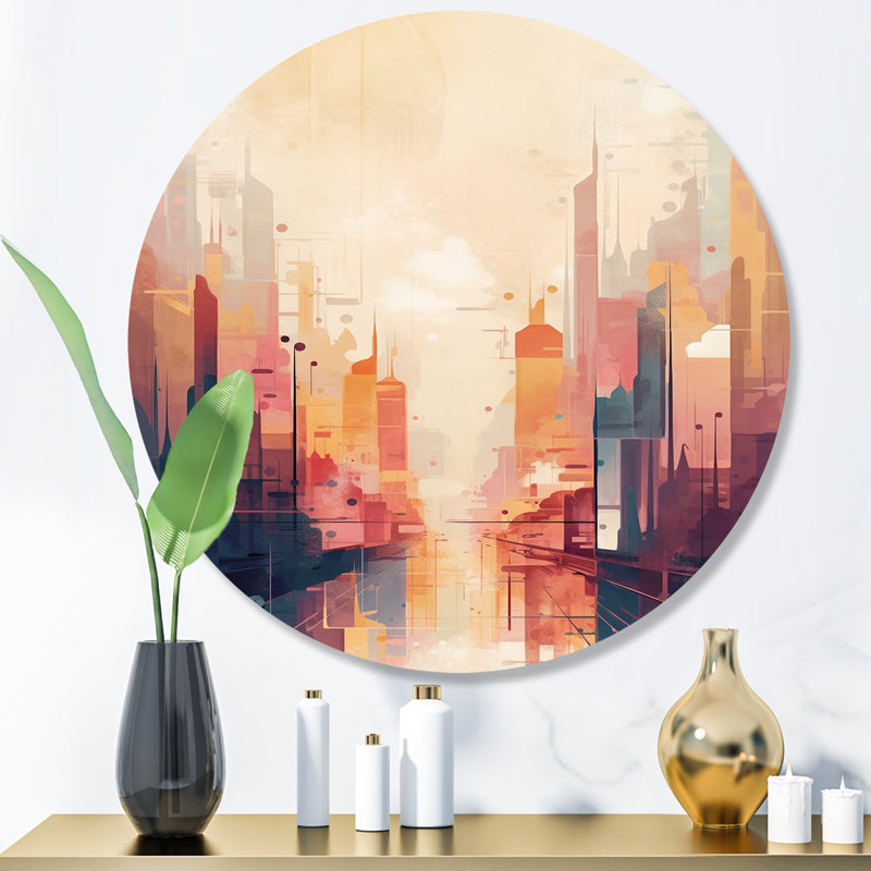 Modern Cubism Cityscape I - City Round Wall Art on Metal, 23" H x 23" W x 1" D