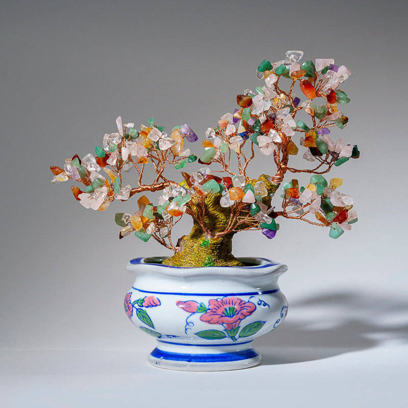 Genuine Multi Gemstone Bonsai Tree In Round Ceramic Pot (8.5€ Tall)