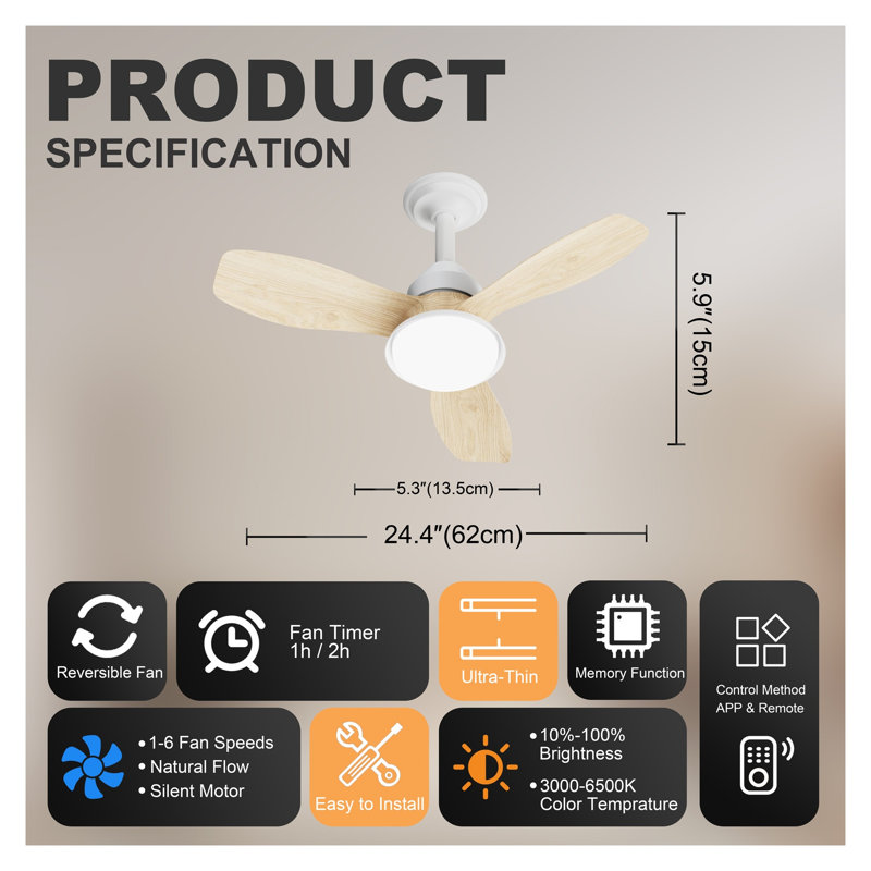 Ventilateur de plafond 24,4 pouces à grain de bois moderne avec lumière, moteur à courant continu à 6 vitesses