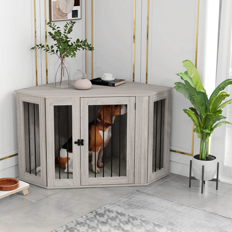 Corner-Style Dog Crate End Table - Walnut Brown Kennel With Plush Cushion, Space-Saving Design For Large Dogs