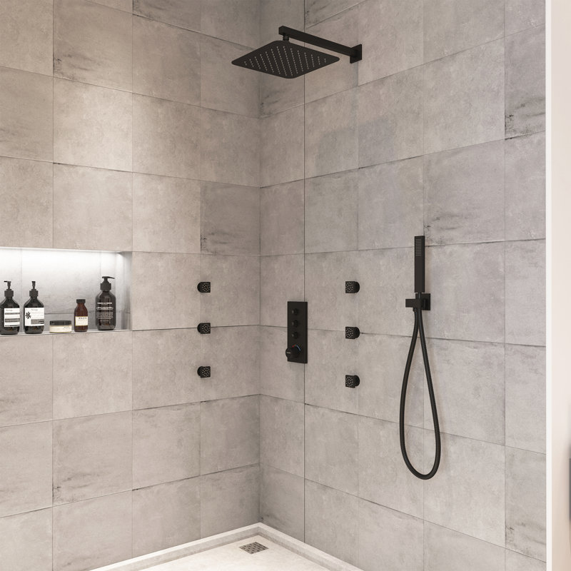 Système de douche thermostatique mural 3 fonctions 12 pouces avec 6 jets de corps, Noir mat