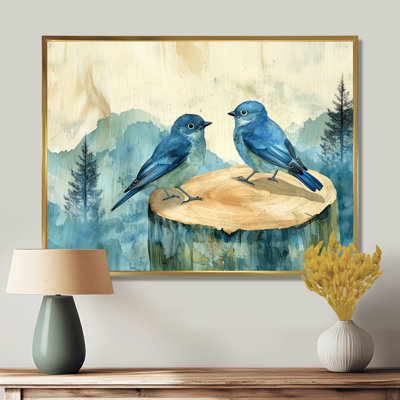 Oiseaux bleus et blancs sur une glissoire en bois II - Art mural oiseau