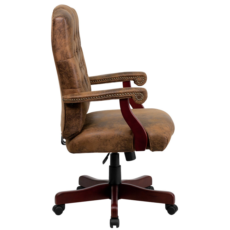 Rustic Brown Leather Executive Swivel Office Chair with Arms