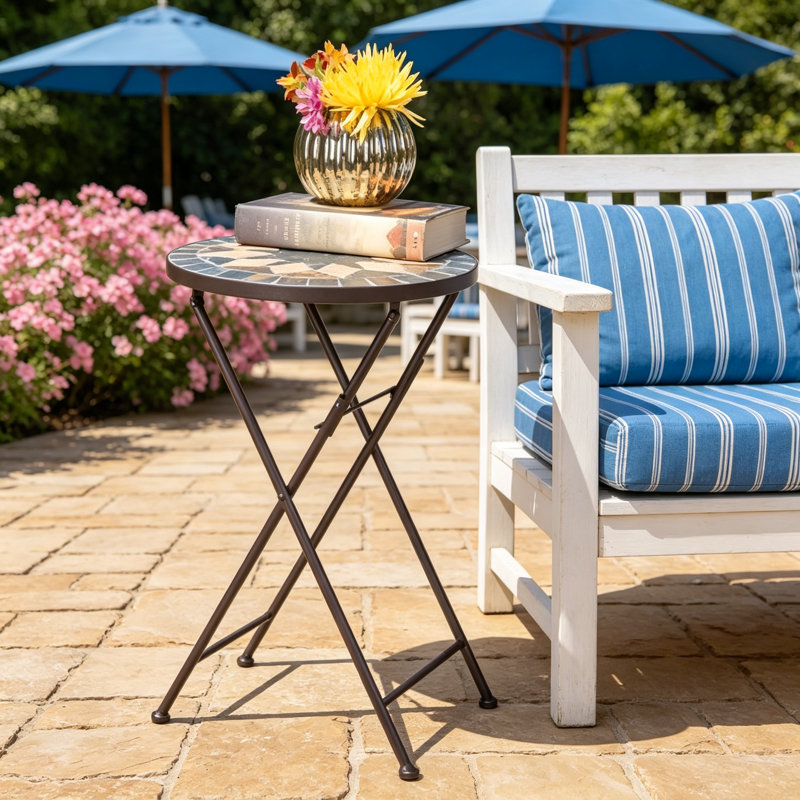 SILVESTER END TABLE With Stone Mosaic Top And Foldable Design For Versatile Outdoor Use, Perfect For Patio And Backyard Decor.