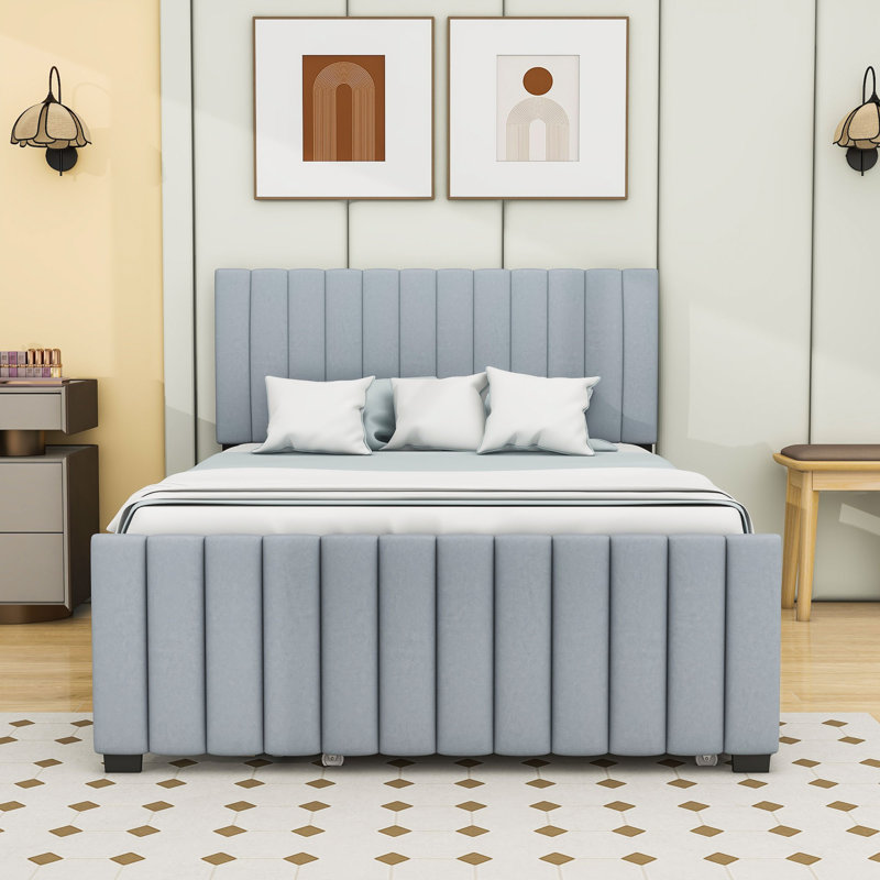Lit plateforme tapissier avec lit gigogne, Full, Gris