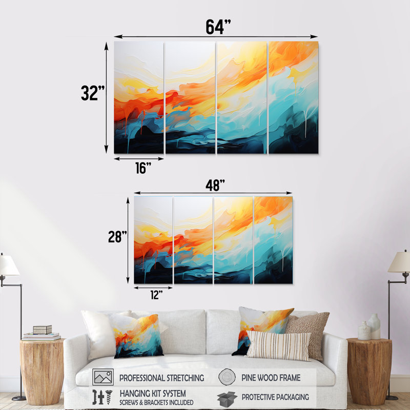«Blue and Orange Colorful Abstract Waves I», ensemble de 4 peintures murales abstraites, H 28 po x l 48 po