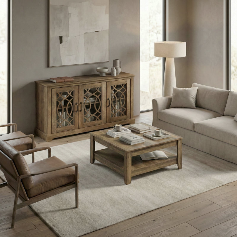 Ensemble de salon Weddel Basilico avec buffet et table basse, Chêne noueux, Chêne noueux