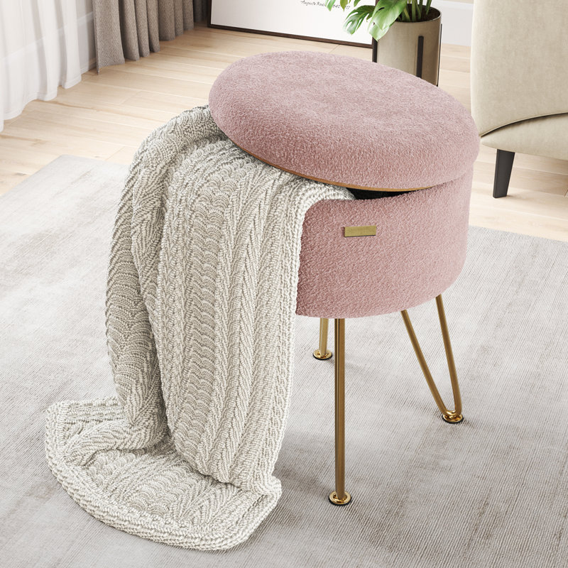 Modern Round Storage Ottoman Side Table, Gold, Pink boucle 