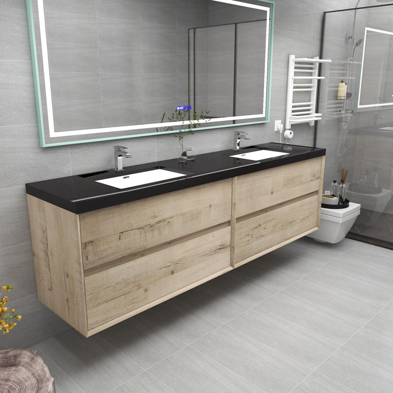 Calarco Kody 84" Wall-Mounted Double Bathroom Vanity Set, Light Oak