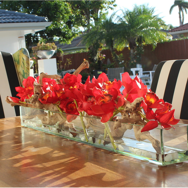 Driftwood Cymbidium Orchids Centerpiece in Glass Planter, 16" H x 48" W x 4" D, Red