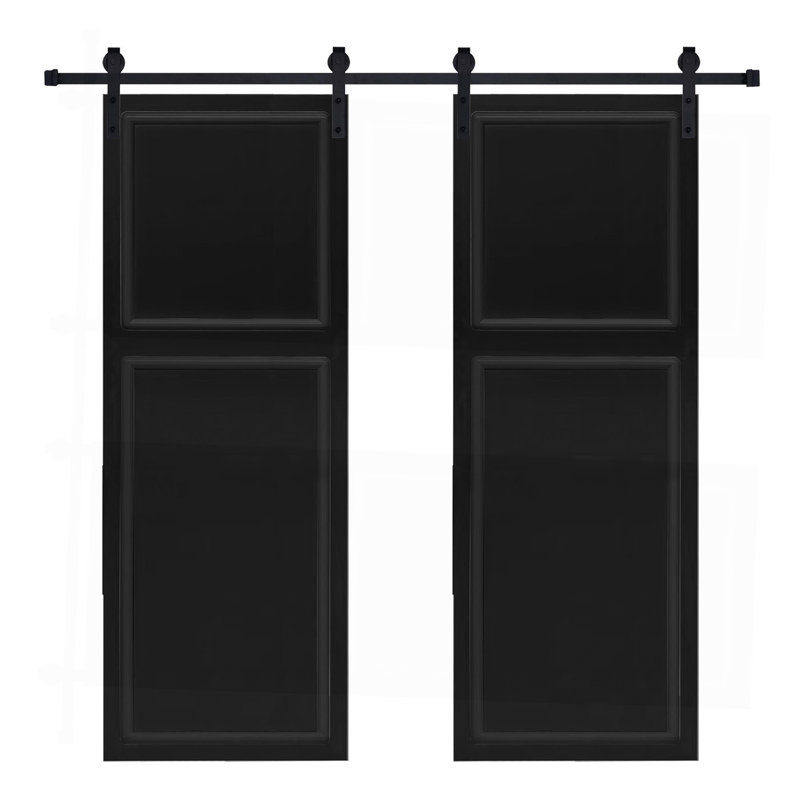 Double 2 panneaux modernes de 96 po x 64 po Porte de grange coulissante en bois de noyer noir avec ensemble de quincaillerie