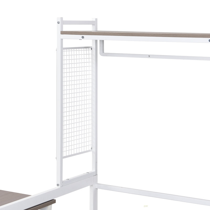 Lit de jour en métal avec bureau mobile, grille en métal, tablettes et cintre, Double, Blanc