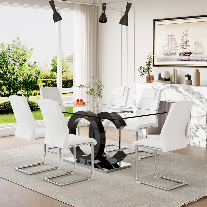 7-Piece Glass Top Dining Table Sets, Blanc / argenté