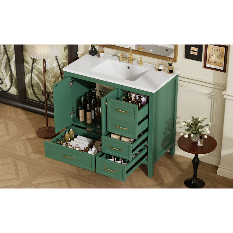 Meuble-lavabo de 36 po avec lavabo en céramique teinté, structure en bois de pin, meuble sous-lavabo, rangement à tiroirs multiples, design, tous les composants sont emballés de 36 po dans une fabrication solide brillante, porte A