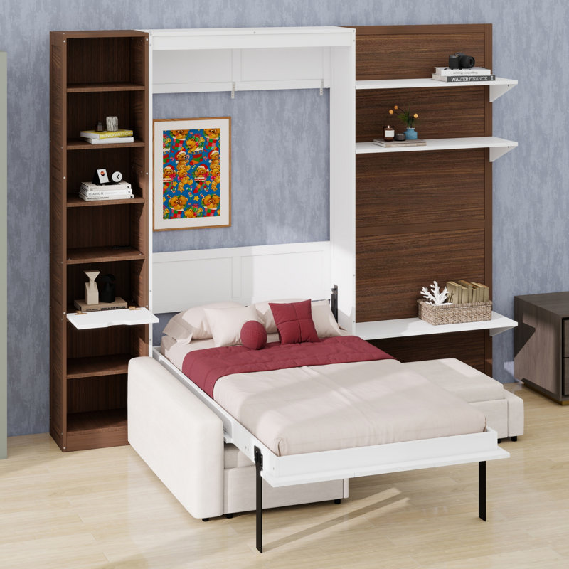 Lit escamotable avec armoire de rangement, tablettes ouvertes, façade de canapé et port USB pour un gain d'espace au sol.