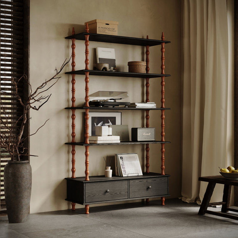 Bibliothèque avec bibliothèque et bibliothèque en bois de 74,4 pouces de hauteur, étagères et tiroirs de rangement noirs à 5 niveaux, tablettes modernes autoportantes en placage de bois massif, salon, salle d'étude, cuisine